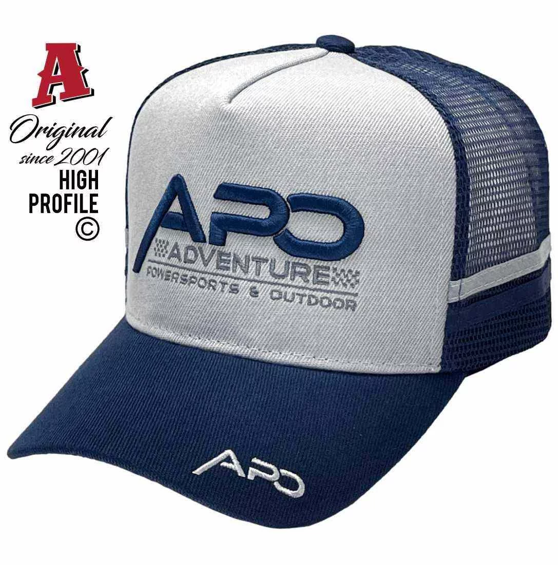 APO Adventure Powersports & Outdoor Coffs Harbour NSW HP Midrange Aussie trucker Hats with Double SideBands & Australian HeadFit Crown White Navy