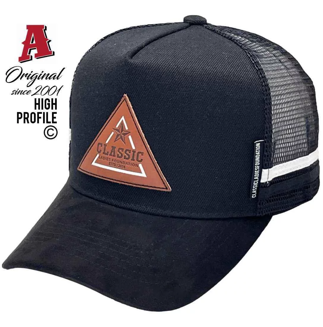 Classic Ladies Foundation Australia HP Midrange Aussie Trucker Hats with Australian HeadFit Crown & Double SideBands Snapback Black with Leather Patch
