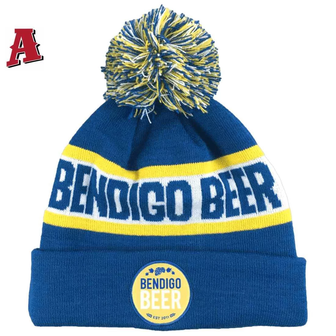 Bendigo Beer Maiden Gully Bendigo Vic Aussie Custom Acrylic Beanie with Pom POM and Roll-up Cuff Royal Blue Yellow White with woven badge on cuff