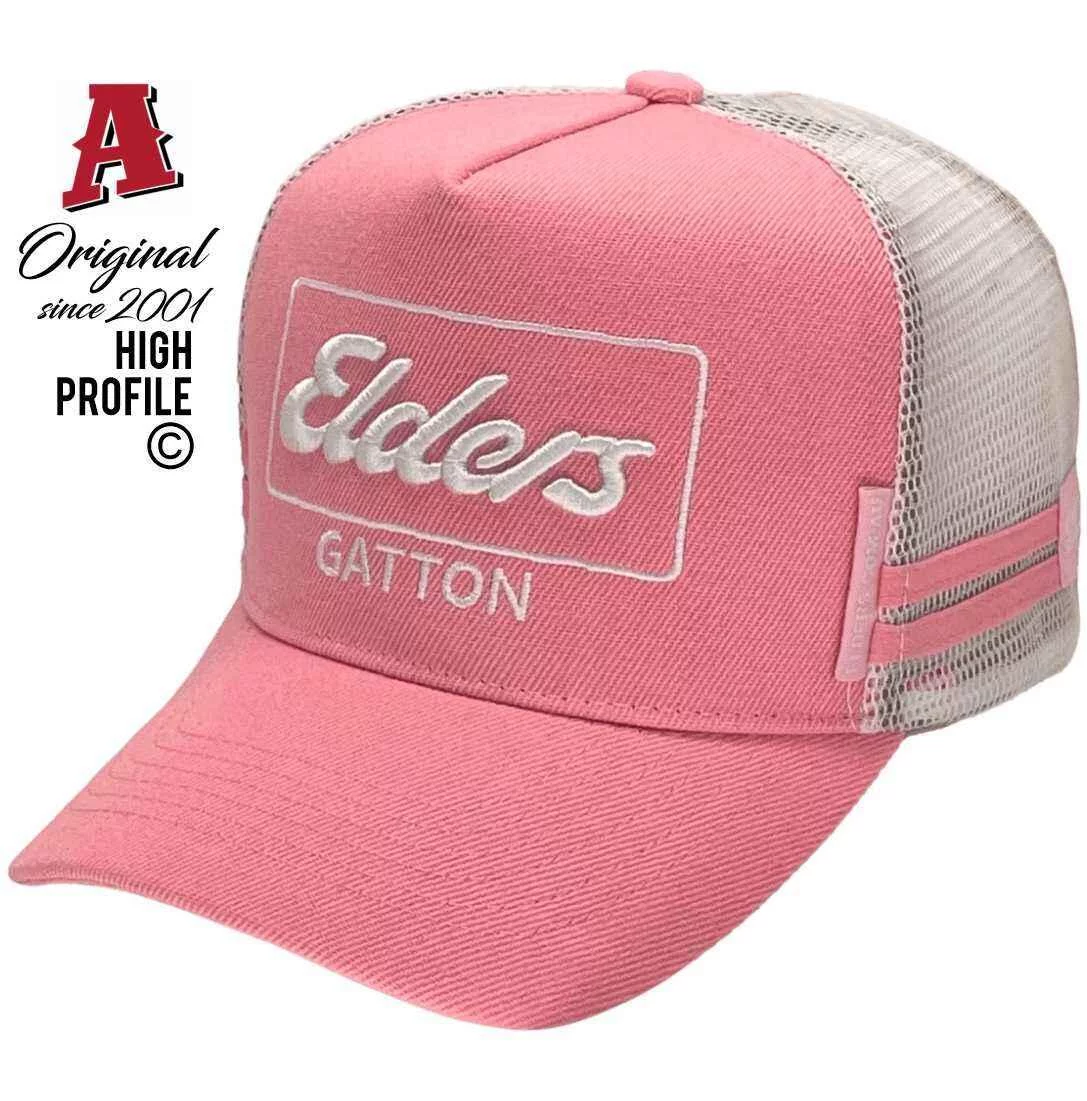 Elders Gatton QLD Midrange Aussie Trucker Hats with Australian HeadFit Crown and 2 SideBands snapback Pastel Pink White