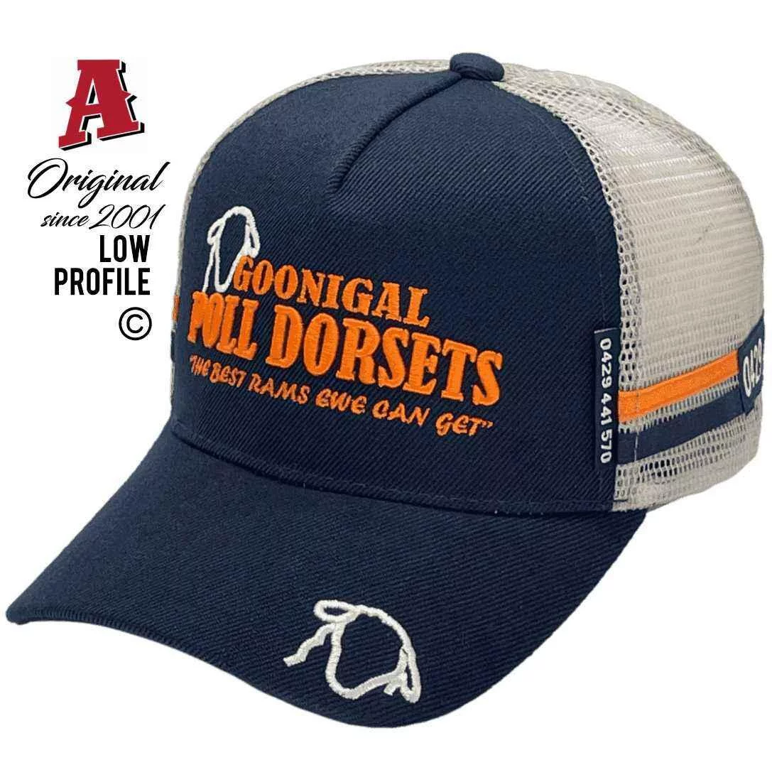 Goonigal Poll Dorsets Canowindra NSW LP Midrange Aussie Trucker Hats with Australian HeadFit Crown & Double SideBands Snapback Navy White Orange