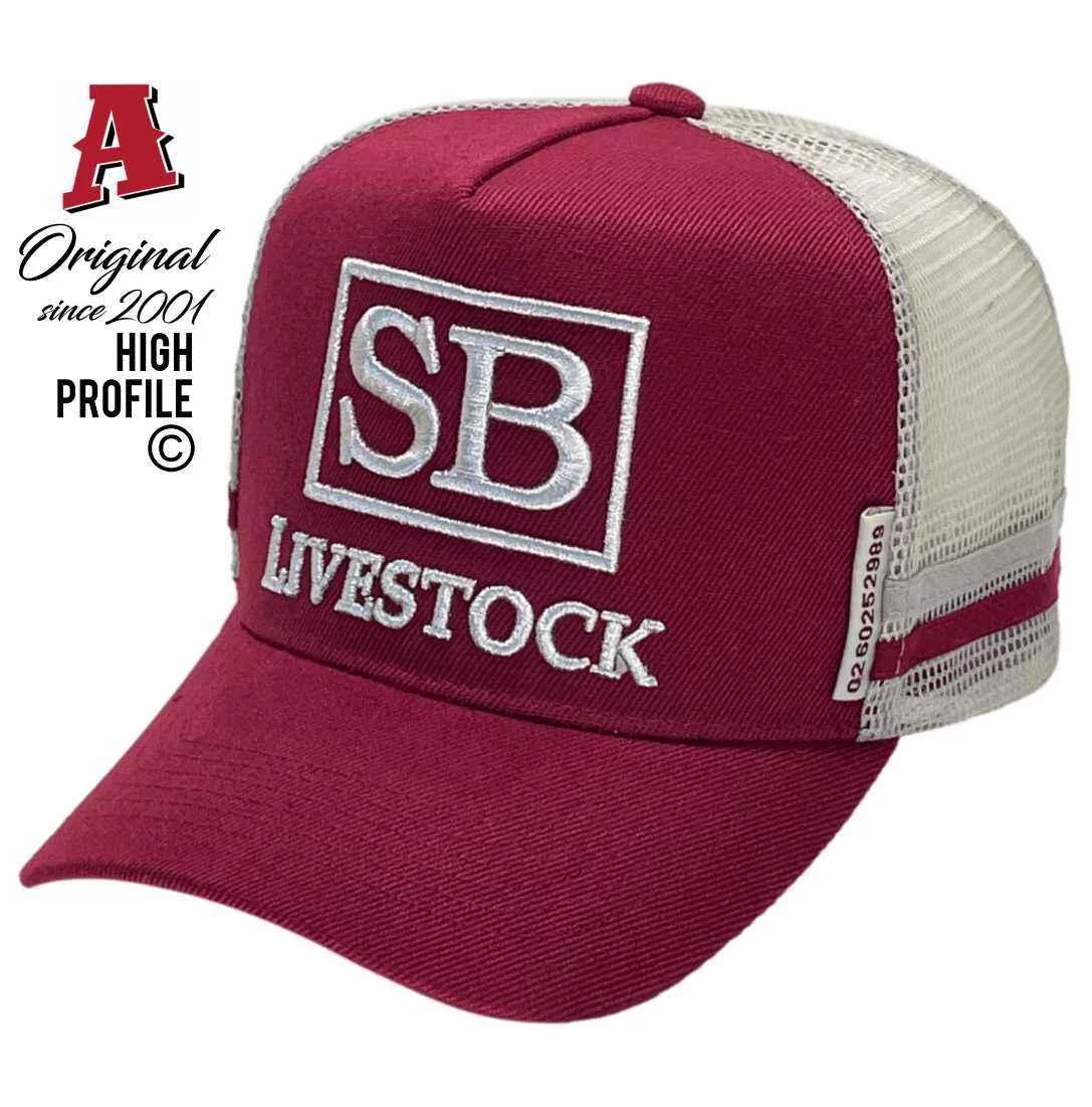 Shepherdson & Boyd (SB) Livestock Toogoolawah QLD HP Basic Aussie Trucker Hats with Australian HeadFit Crown & Double Side Bands Snapback Maroon White