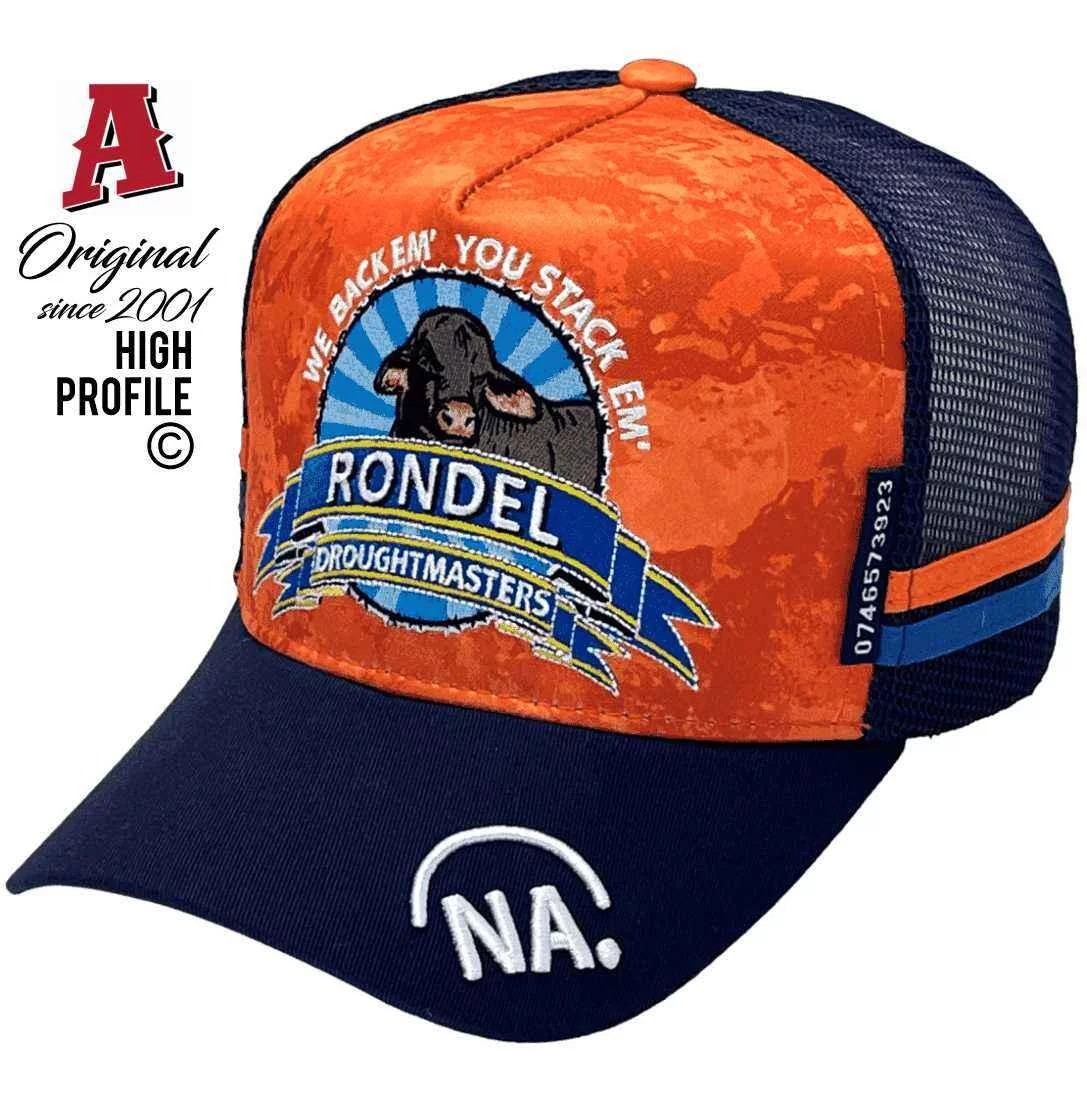 Rondel Droughtmasters 100kms Nth of Winton Qld Midrange Aussie Trucker Hats Australian HeadFit Crown Sub Print Navy Snapback