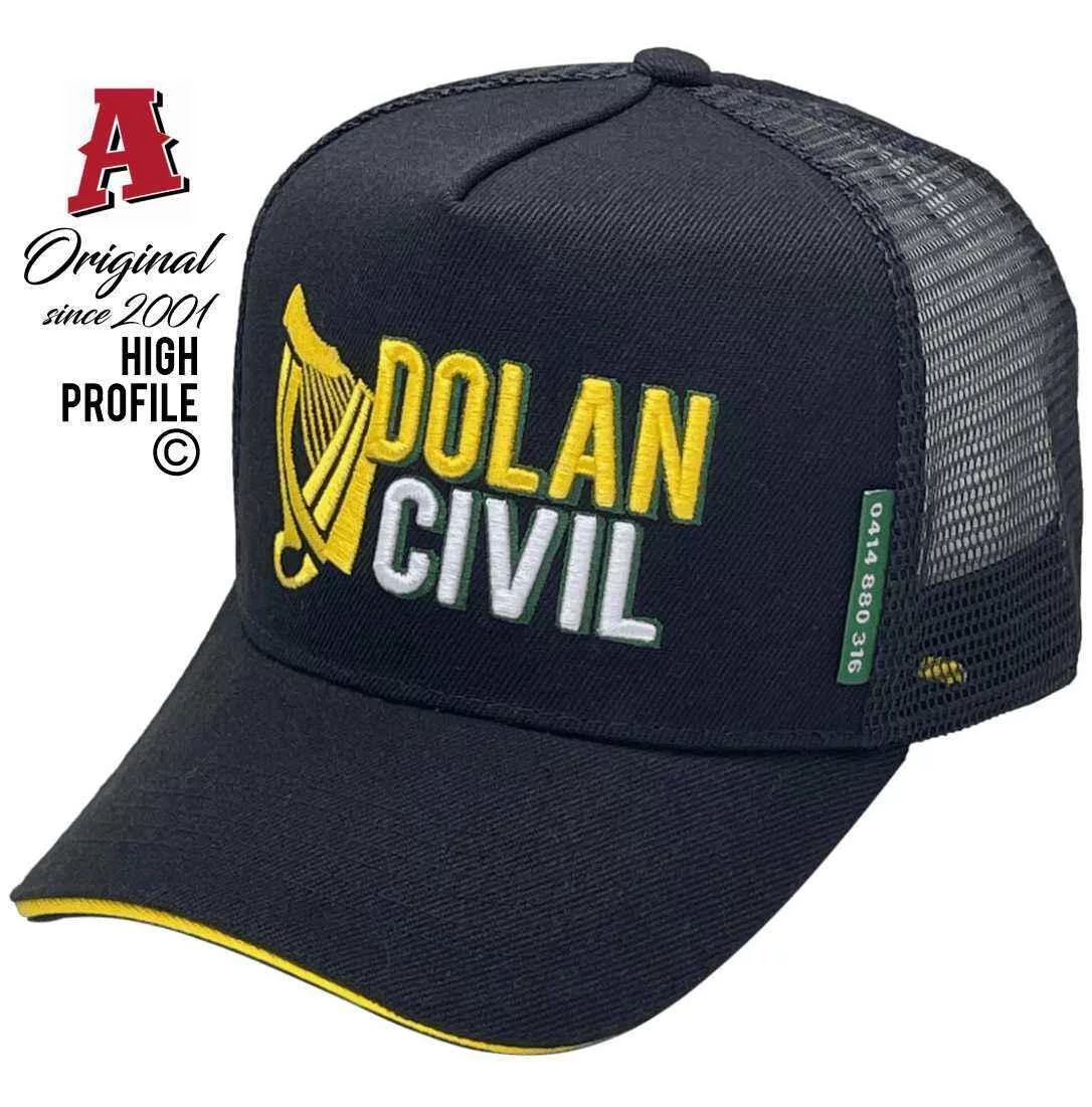 Dolan Civil Humpty Doo NT Power Aussie Trucker Hats with Australian HeadFit Crown & Sandwich Brim Snapback Black Yellow