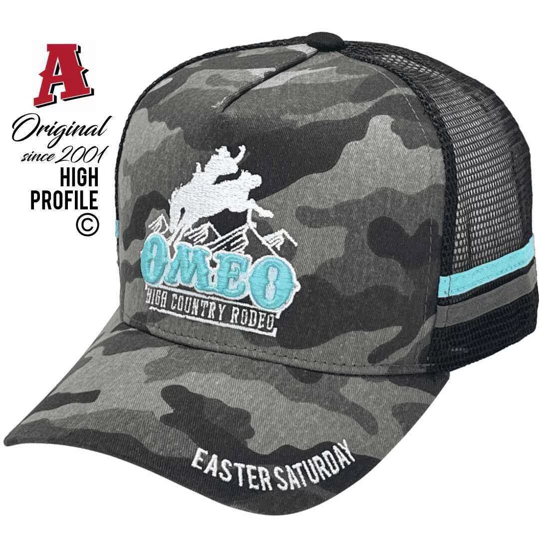 Omeo High Country Rodeo Vic Midrange Aussie Trucker Hats with Australian HeadFit Crown & Double SideBands Grey Camo Snapback