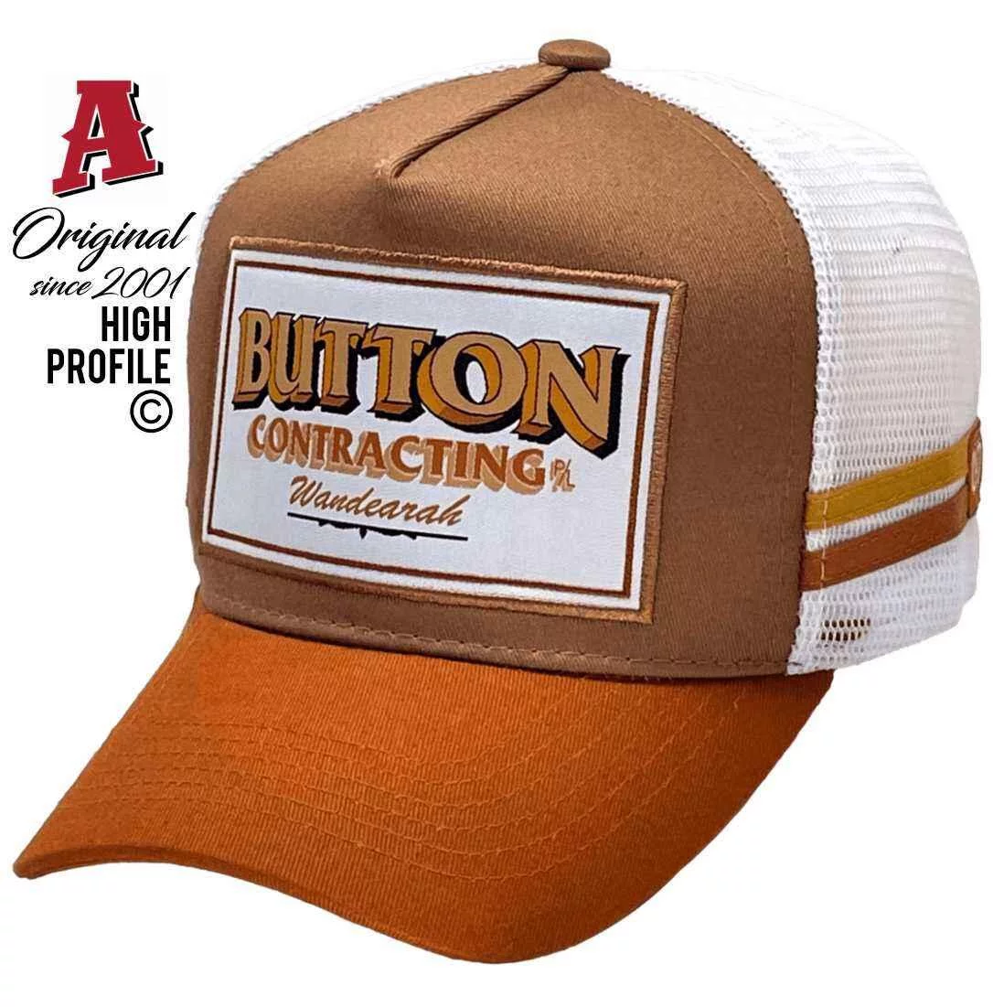 Button Contracting Wandearah East SA Midrange Aussie Trucker Hats with Australian HeadFit Crown & 2 SideBands Brown Rust White Snapback