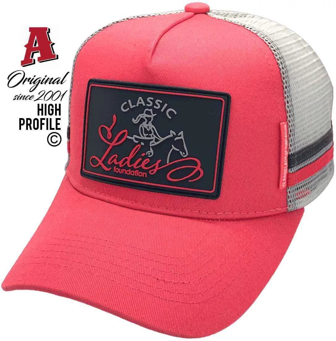 Classic Ladies Foundation Outback Australia Midrange Aussie Trucker Hats with HeadFit Crown & Double SideBands Snapback Pink Charcoal Grey