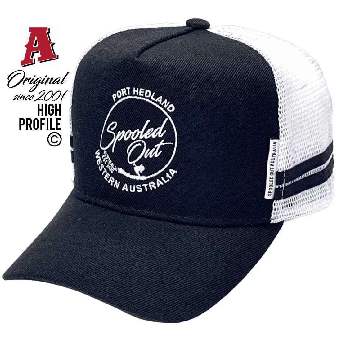 Spooled Out Port Hedland WA Basic Aussie Trucker Hats with Australian HeadFit Crown & Double SideBands SnapBack Black White