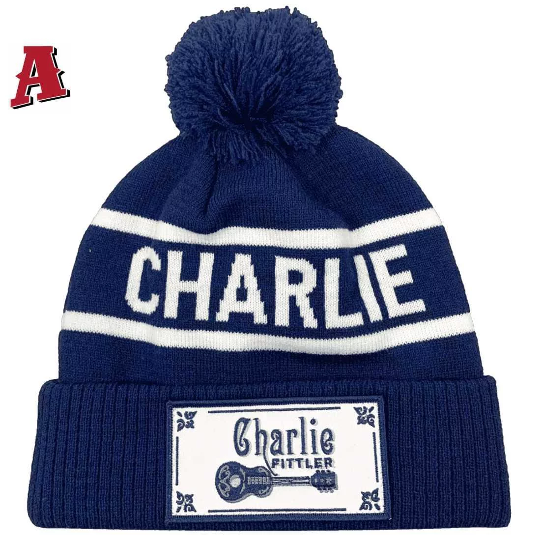 Charlie Fittler Country Music Artist Armidale NSW Aussie Acrylic Beanie with Roll-up Ribbed Cuff and Pom Pom Navy White with sew-on badge