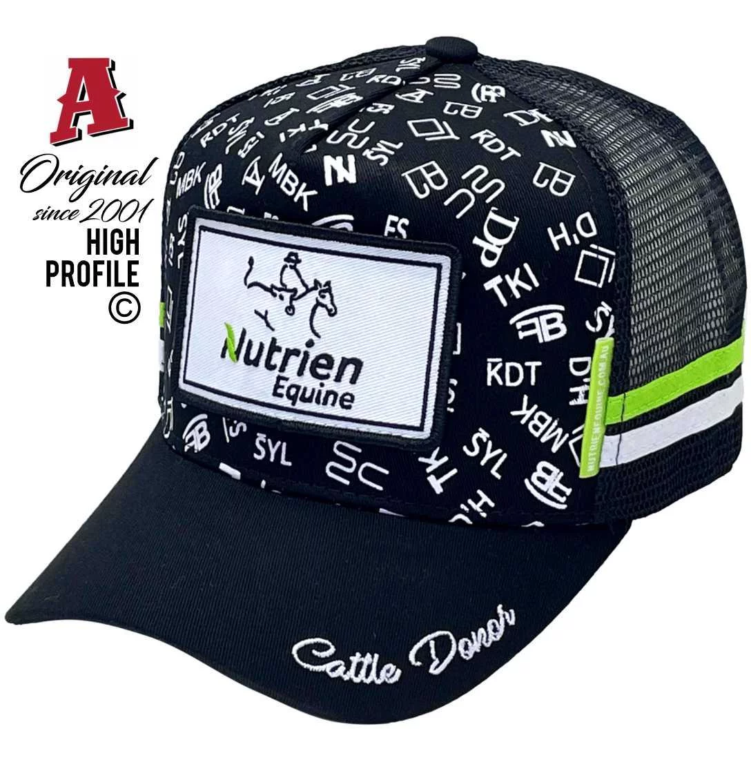 Nutrien Equine Cattle Donor Power Aussie Trucker Hats with Double SideBands & Australian HeadFit Crown Black Lime White Snapback