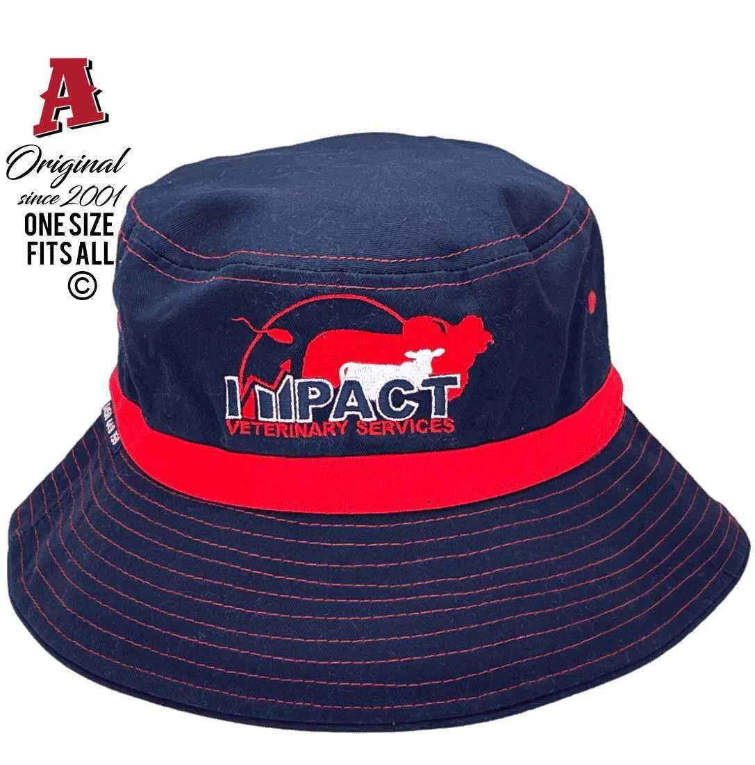 I Impact Veterinary Services Queensland Aussie Bucket Hats One Size Fits All with Rear PonyTail Outlet Plus Custom Brim Size 5cm-7.5cm Navy Red