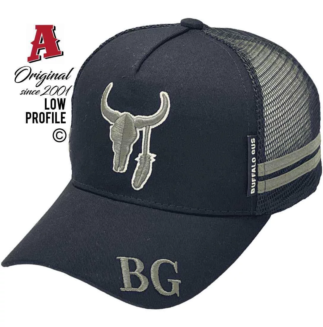 Buffalo Gus Ballarat Central Vic Midrange Aussie Trucker Hats Low Profile Crown with Double SideBands Black Grass Snapback