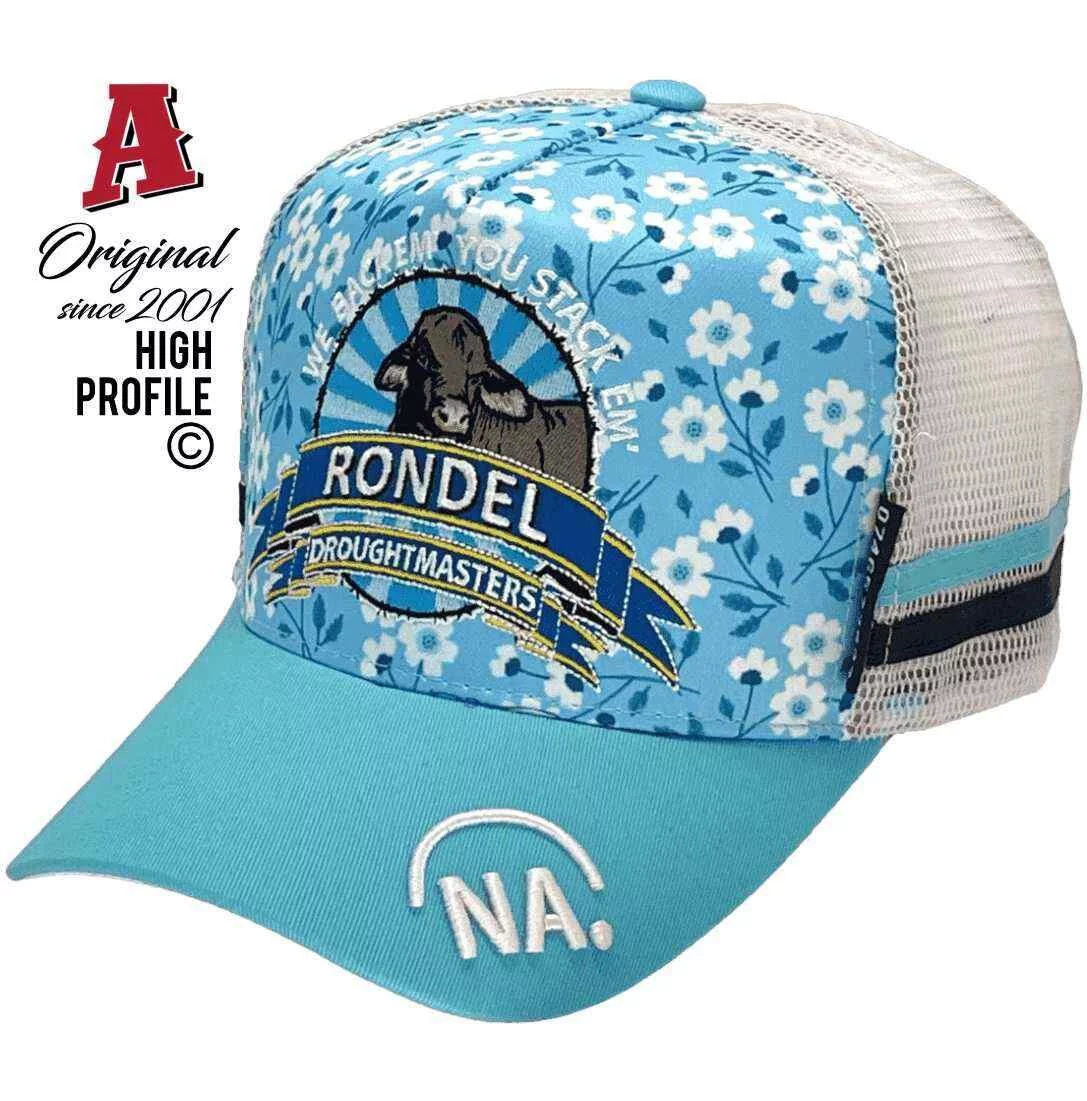 Rondel Droughtmasters Winton Qld Midrange Aussie Trucker Hats with Australian HeadFit Crown & 2 SideBands Sublimated Print Sky Aqua