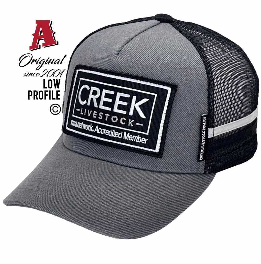 Creek Livestock Mount Gambier SA Midrange Aussie Trucker Hats with Australian HeadFit Crown & 2 SideBands Grey Black Snapback