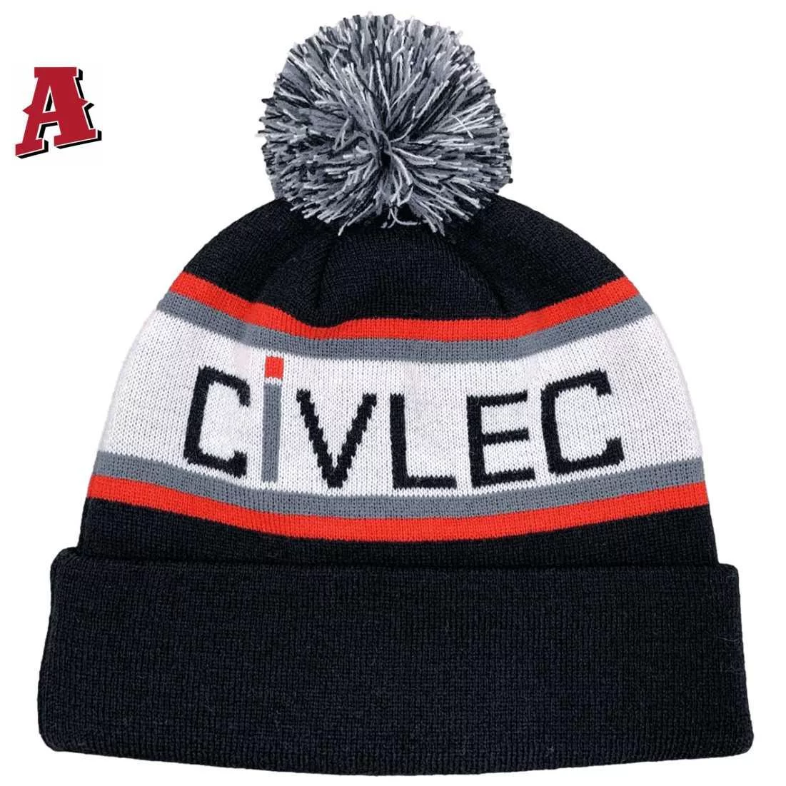 Civlec Constructions Pakenham Vic Aussie Acrylic Custom Beanie with Pom Pom and Rolled Smooth Cuff Black Red Grey White