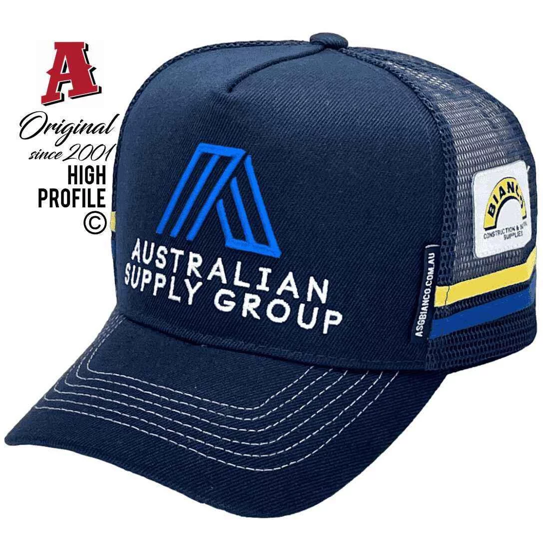 Australian Supply Group Roxby Downs SA Basic Aussie Trucker Hats with Australian HeadFit Crown & 2 SideBands Navy Snapback
