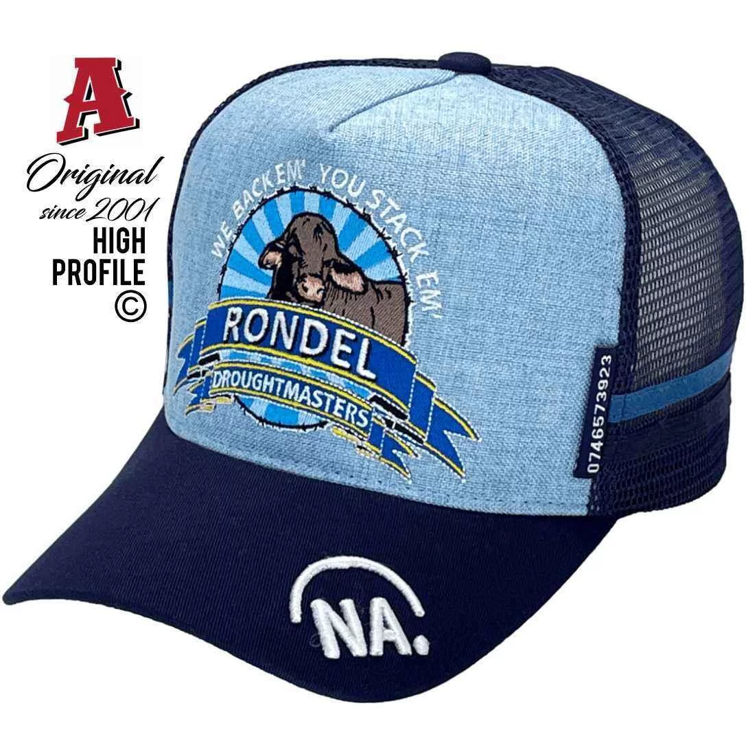 Rondel Droughtmasters Anrod Station Winton Qld Midrange Aussie Trucker Hats with Chambray Fabric Australian HeadFit Crown Sky Navy