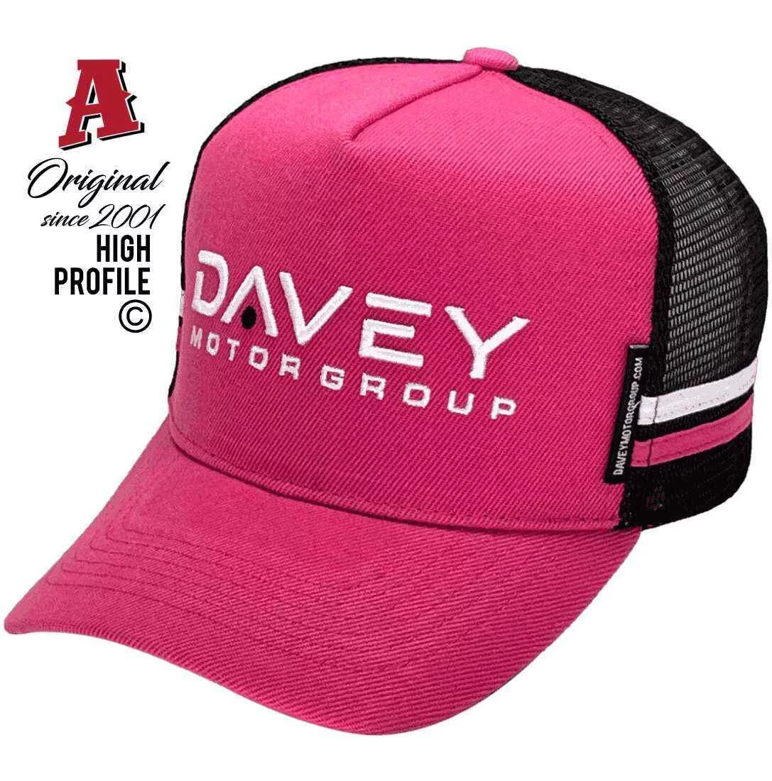 Davey MotorGroup Breakwater Victoria Basic Aussie Trucker Hats with Australian HeadFit Crown & Double SideBands Snapback Pink Black sunsafe