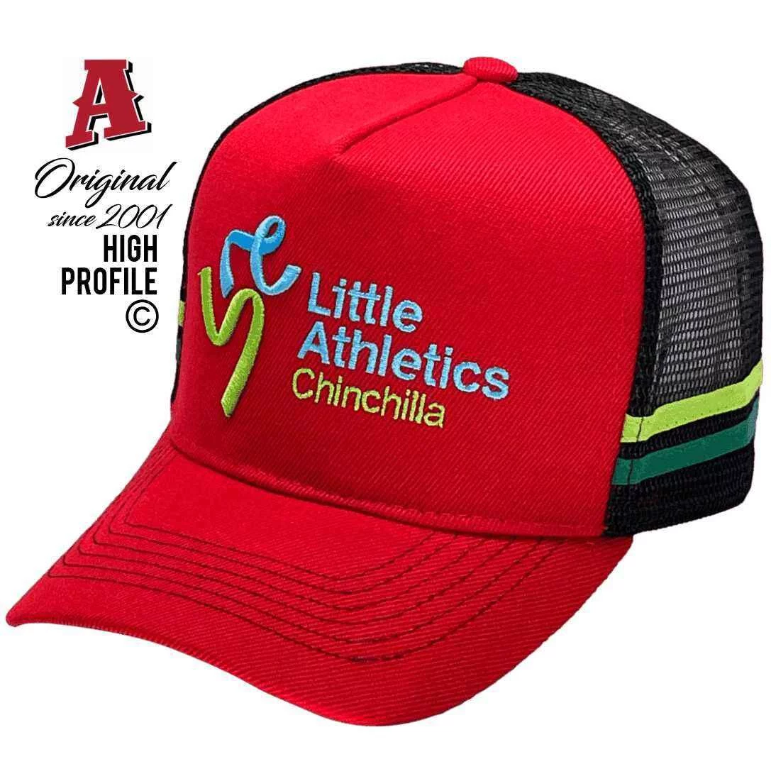Little Athletics Chinchilla Qld Midrange Aussie Trucker Hats with Australian HeadFit Crown & 2 SideBands Red Black Snapback