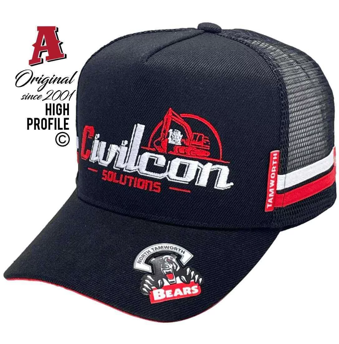 Civilcon Solutions Bendemeer NSW Midrange Aussie Trucker Hats with Australian HeadFit Crown & 2 SideBands Black Red Snapback