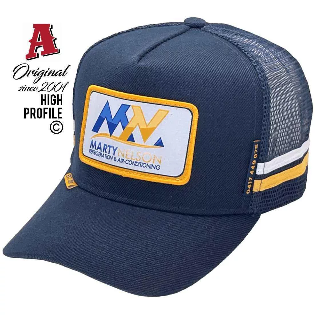 Marty Nelson Refrigeration & Air Dubbo NSW Midrange Aussie Trucker Hats with Australian HeadFit Crown & 2 SideBands Navy Snapback