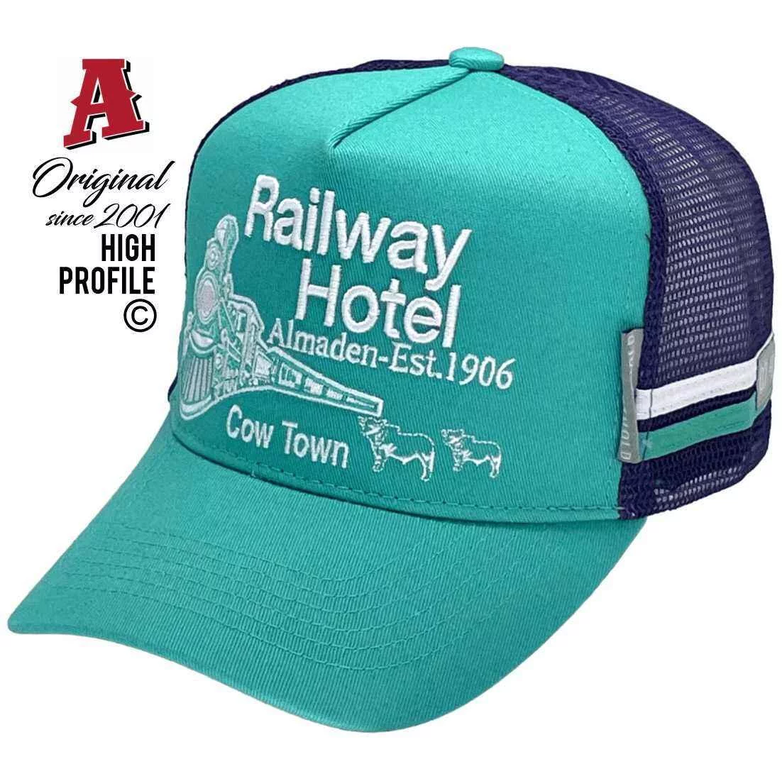 Railway Hotel Almaden- East QLD Midrange Aussie Trucker Hats with 2 SideBands & Australian HeadFit Crown Green Purple Snapback