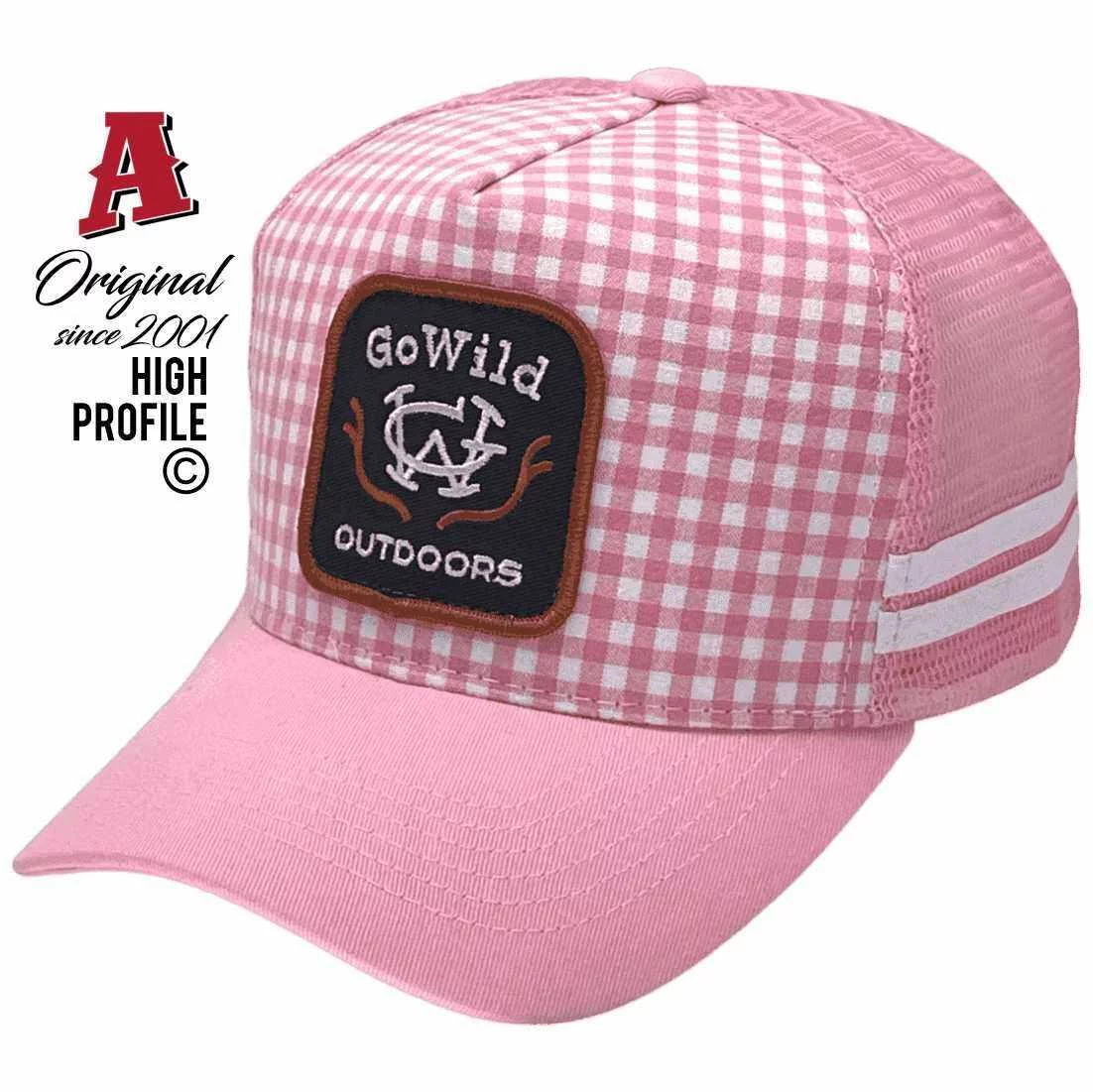 Go Wild Outdoors Charters Towers Qld Midrange Aussie Trucker Hats with Australian HeadFit Crown & 2 SideBands Gingham Pink Snapback