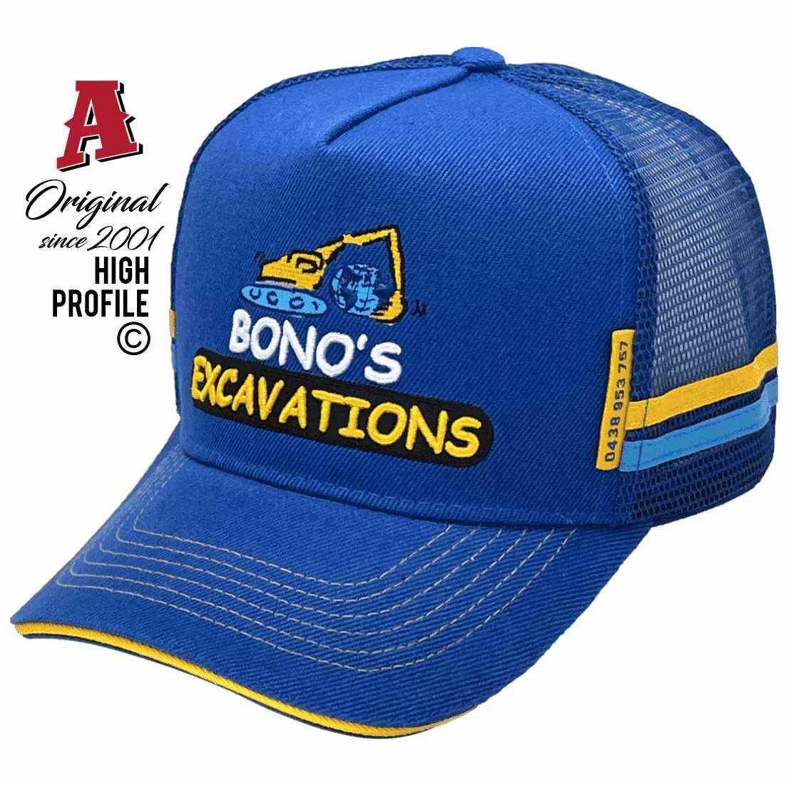 Bono's Excavations Kairi QLD Power Aussie Trucker Hats with Australian HeadFit Crown & Double SideBands Royal Gold Snapback