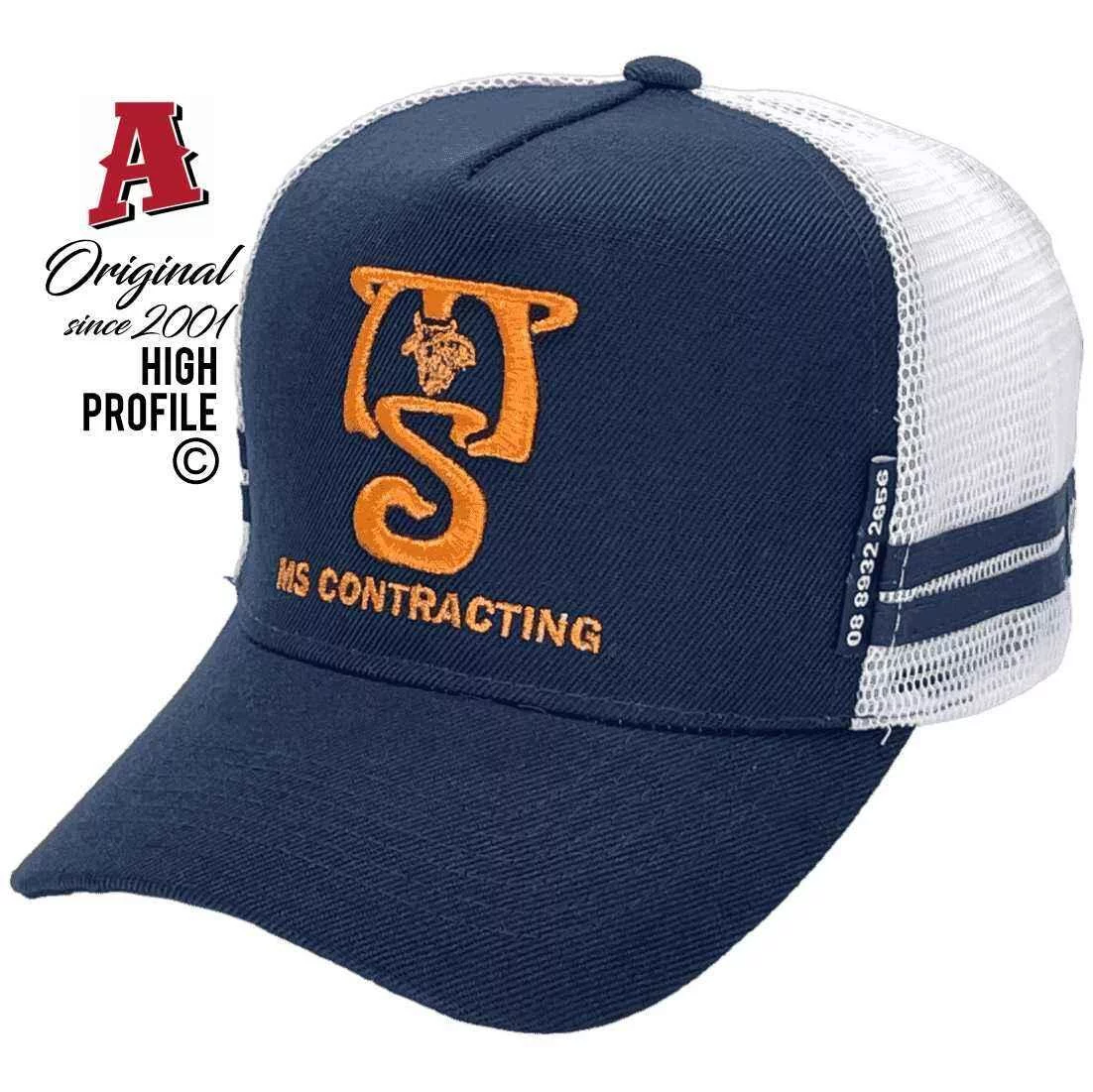 MS Contracting Humpty Doo NT Basic Aussie Trucker Hats with Australian HeadFit Crown & 2 SideBands Navy White Snapback
