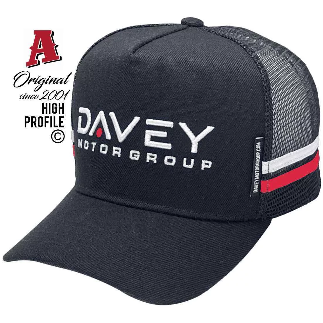 Davey Motor Group Breakwater VIC Basic Aussie Trucker Hats with Australian HeadFit Crown & Double SideBands Black Snapback