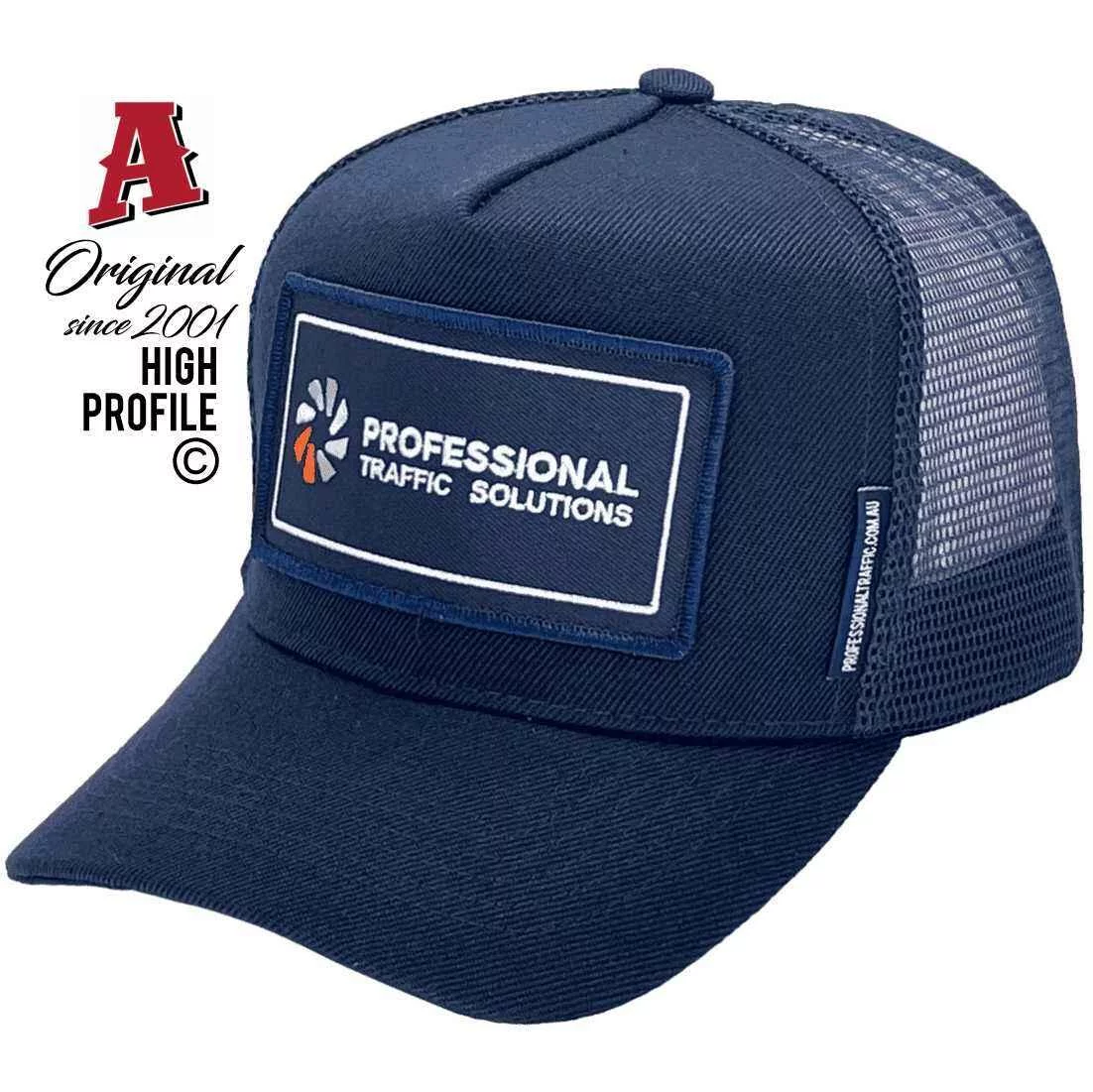 Professional Traffic Solutions Medowie NSW Basic Aussie Trucker Hats with Australian HeadFit Crown Badge Logo Merrow Edge Navy Snapback