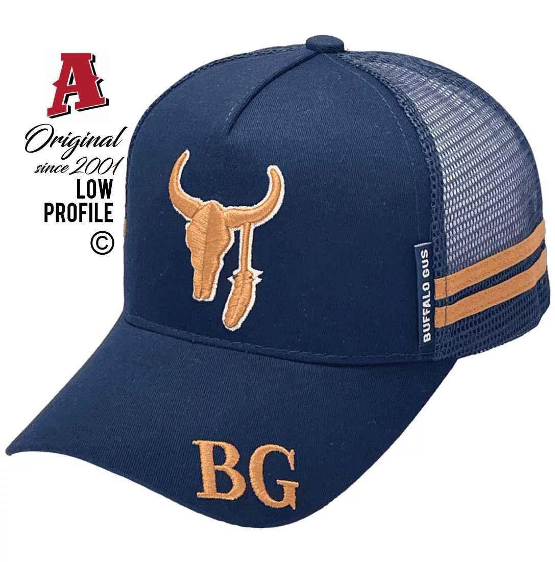 Buffalo Gus Ballarat Vic Midrange Aussie Trucker Hats with Double SideBands & Australian HeadFit Crown Navy Snapback