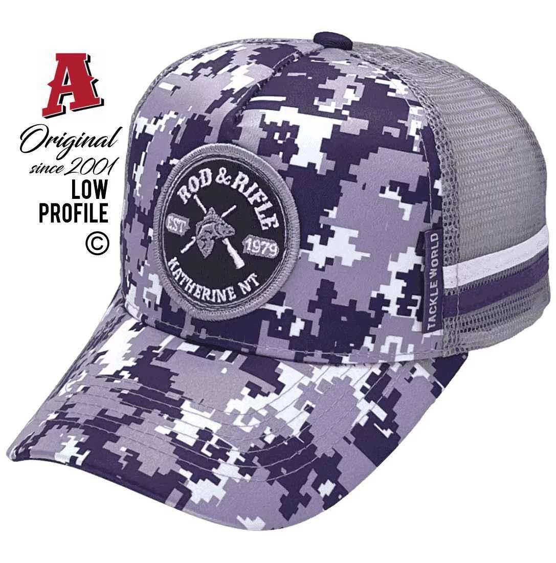 Rod & Rifle Katherine NT Midrange Aussie Trucker Hats Sublimated Print Australian HeadFit Crown Purple Digital Camo Snapback