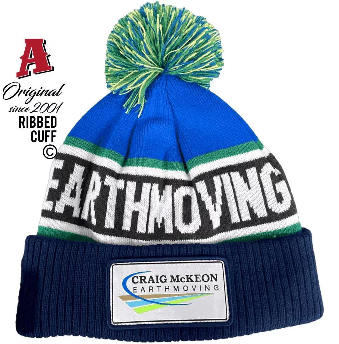 Craig McKeon Earthmoving Hillston NSW Aussie Custom Beanies Acrylic One Size Fits All with Pom Pom & Ribbed Roll-up Cuff Blue