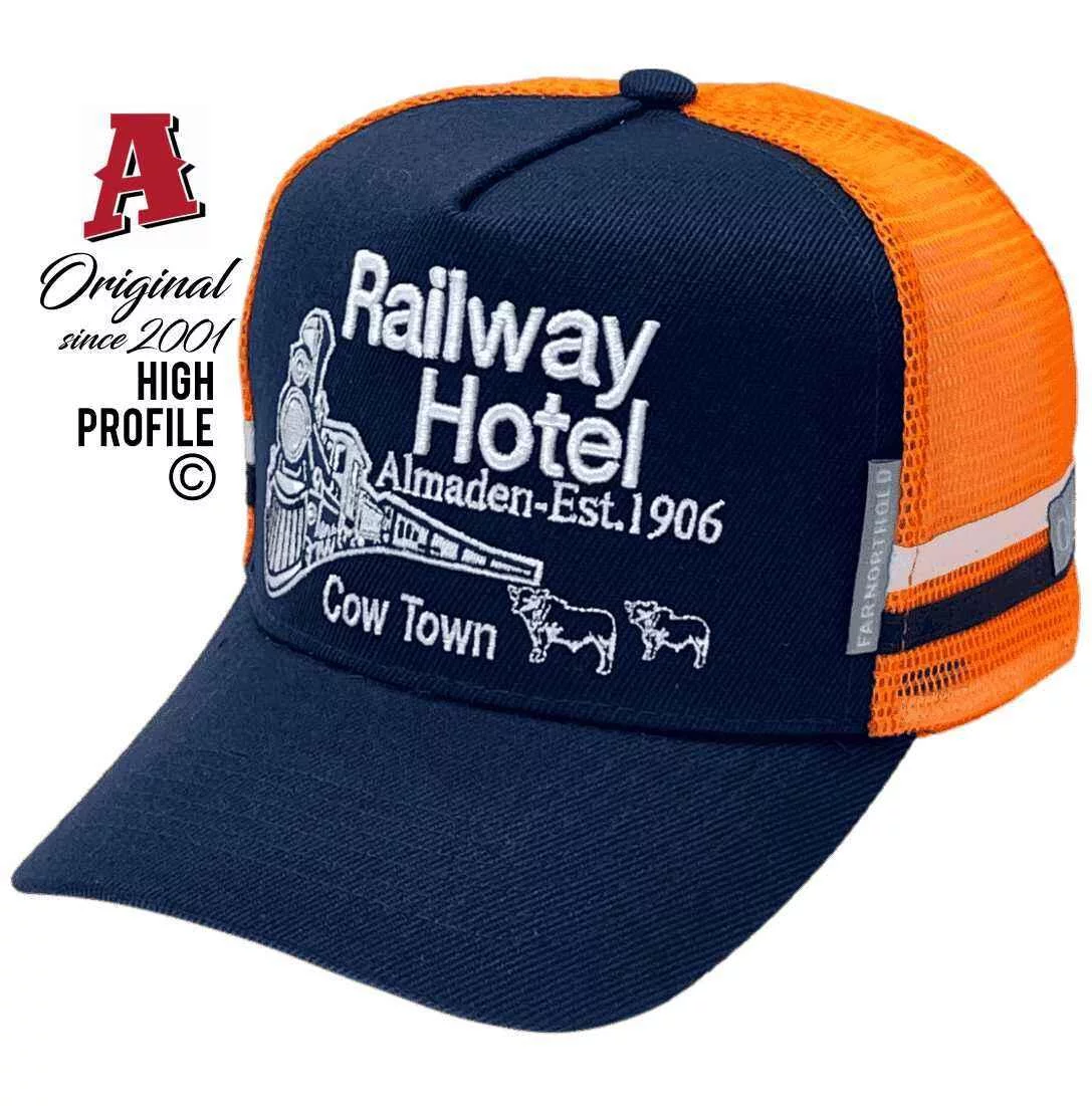 Railway Hotel Almaden East Qld Midrange Aussie Trucker Hats with Double SideBands & Australian HeadFit Crown Navy Fluro Orange Snapback