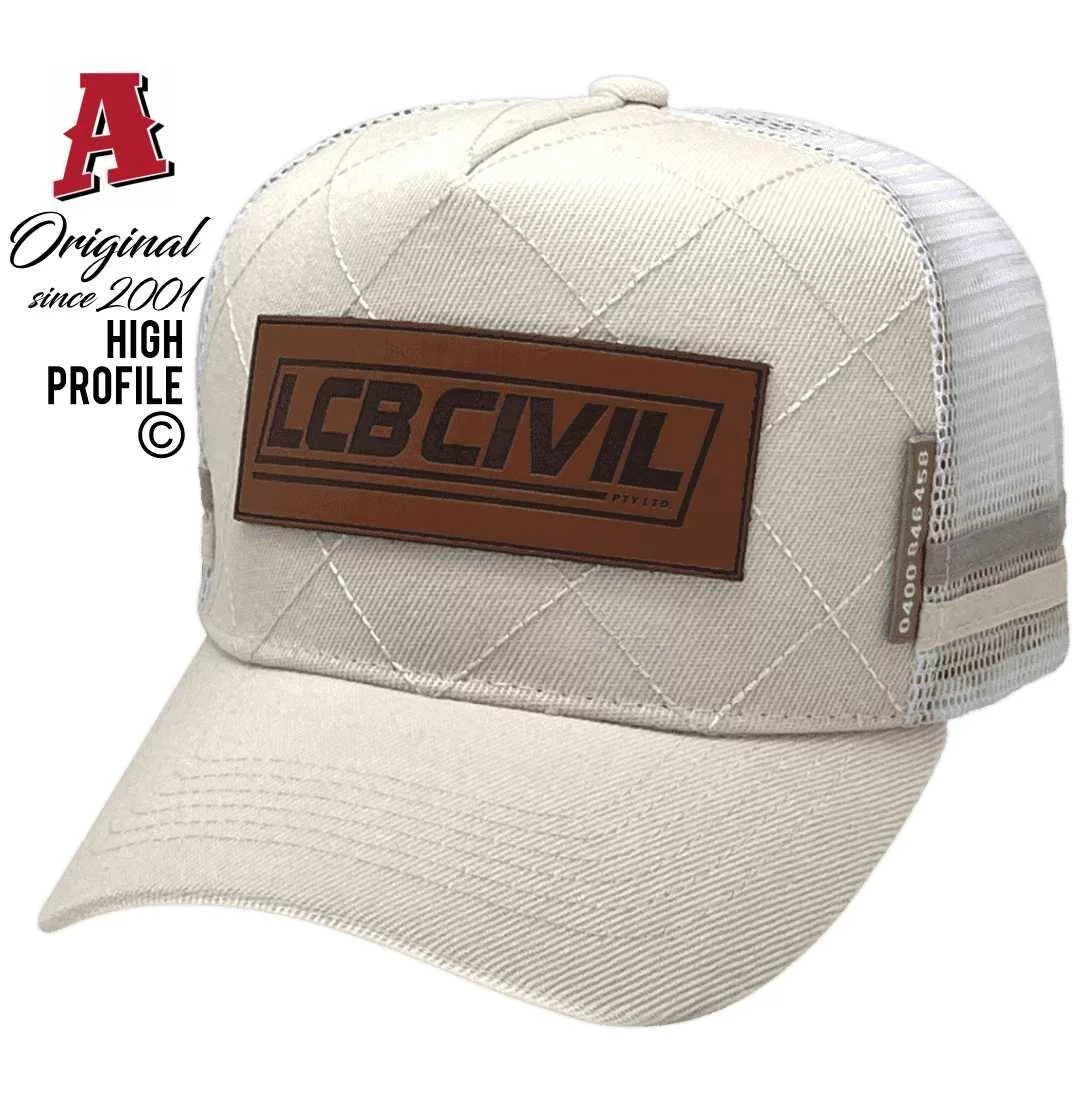 LCB Civil Bundaberg East, QLD Midrange Aussie Trucker Hats with Australian HeadFit Crown & Double SideBands Cream White Snapback
