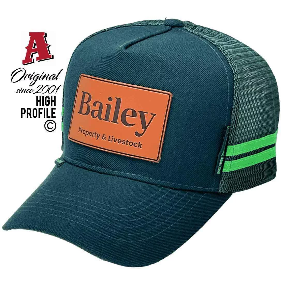 Bailey Property & Livestock Singleton NSW Midrange Aussie Trucker Hats with Australian HeadFit Crown & Sew-on Leather Badge Dark Bottle Green