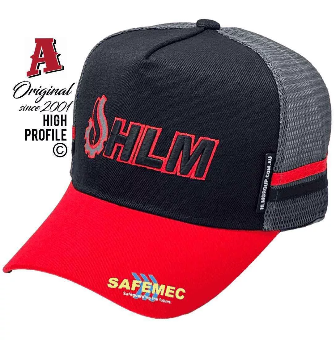 HLM Group Bowen North Queensland Midrange Aussie Trucker Hats with Australian HeadFit Crown & 2 SideBands Black Red Snapback