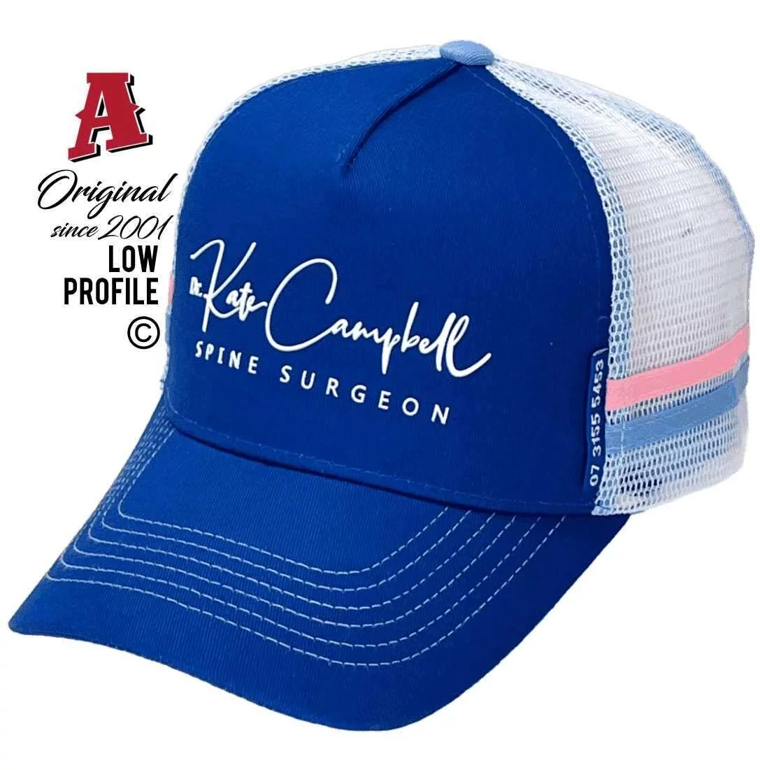 Dr Kate Campbell Greenslopes Qld Midrange Aussie Trucker Hats with Australian HeadFit Crown & Double SidebBands Royal Blue White Pink