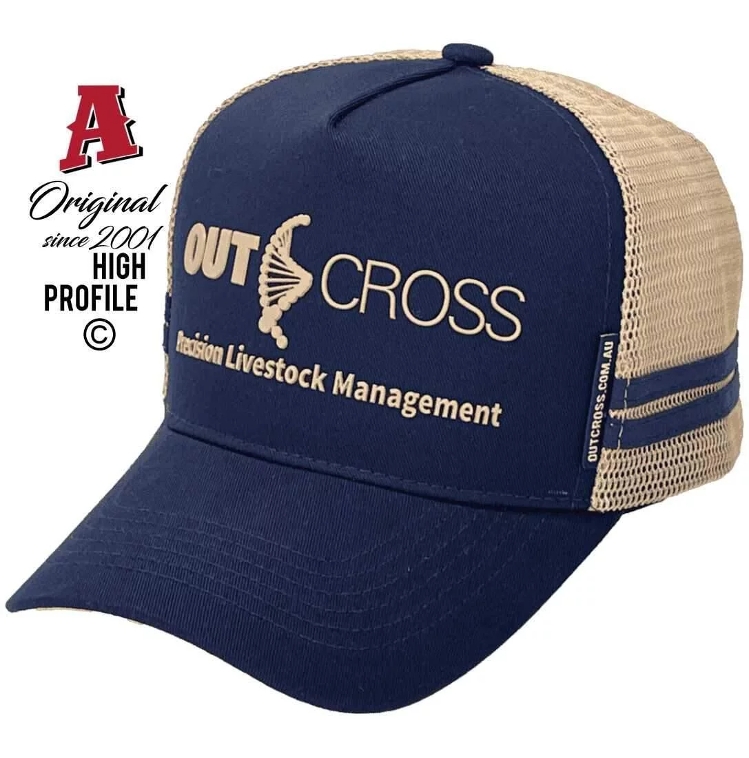 Out Cross Precision Livestock Management Armidale NSW MIdrange Aussie Trucker Hats with Double SideBands Navy Khaki Snapback