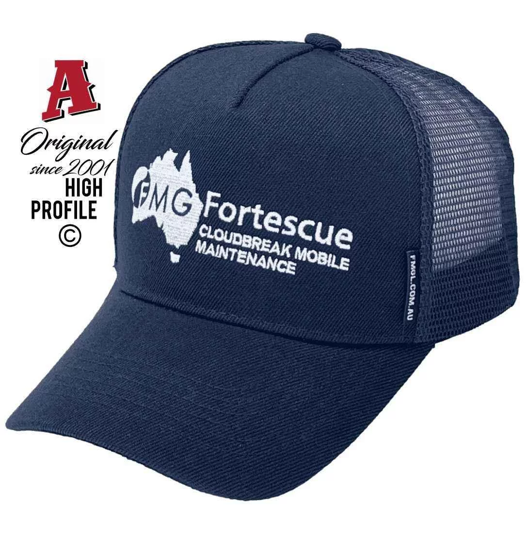 Fortescue Metals Group Cloudbreak Mobile Australia Basic Aussie Trucker Hats with Australian HeadFit Crown Navy Snapback Low Profile