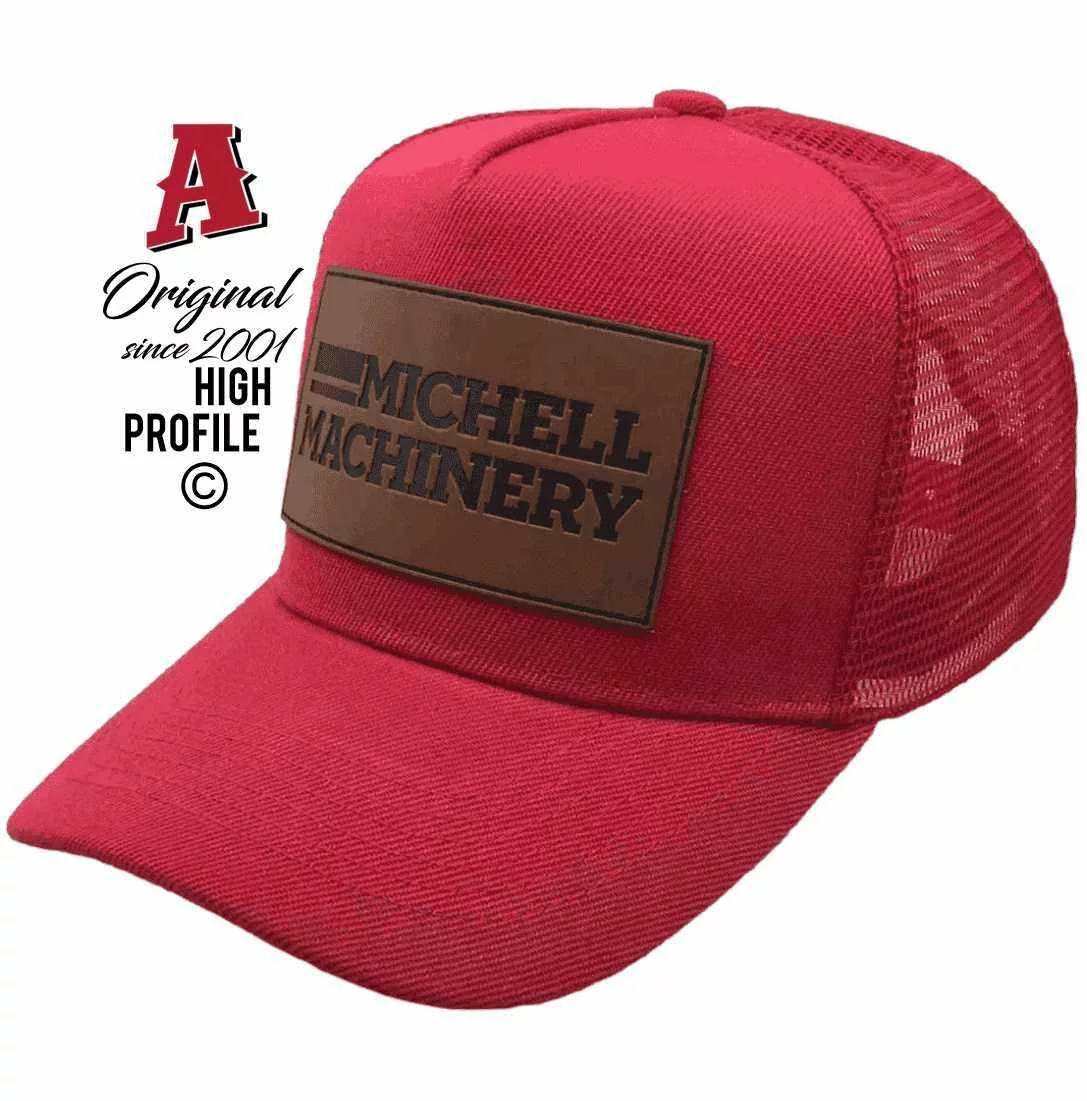 Michell Machinery Dubbo NSW Basic Aussie Trucker Hats with Australian HeadFit Crown & Sew-on Leather Badge Red Snapback