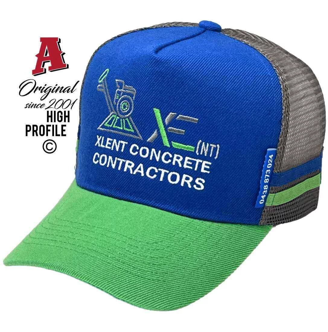 Xlent Concrete Contractors Alice Springs NT Basic Aussie Trucker Hats with HeadFit Crown & Double SideBands Royal Green Dark Grey Snapback