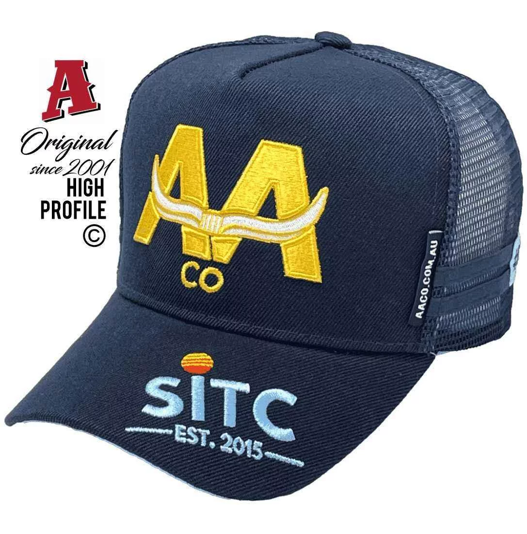 Australian Agricultural Co Newstead Qld Midrange Aussie Trucker Hats with HeadFit Crown & 2 SideBands Navy Snapback