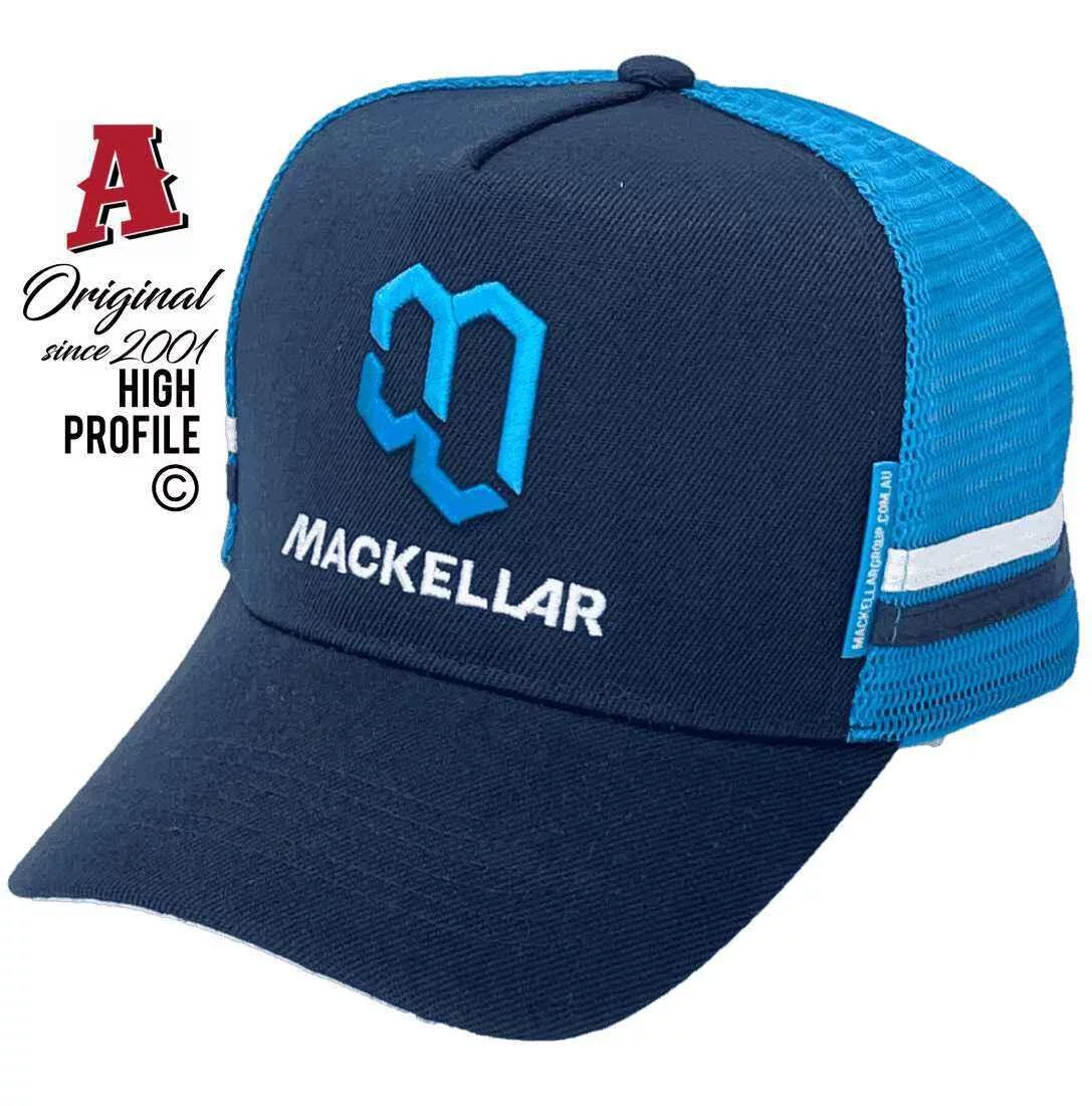 Mackellar Group Nambour Qld Midrange Aussie Trucker Hats with Australian HeadFit Crown & Double SideBands Navy Aqua High Profile Snapback