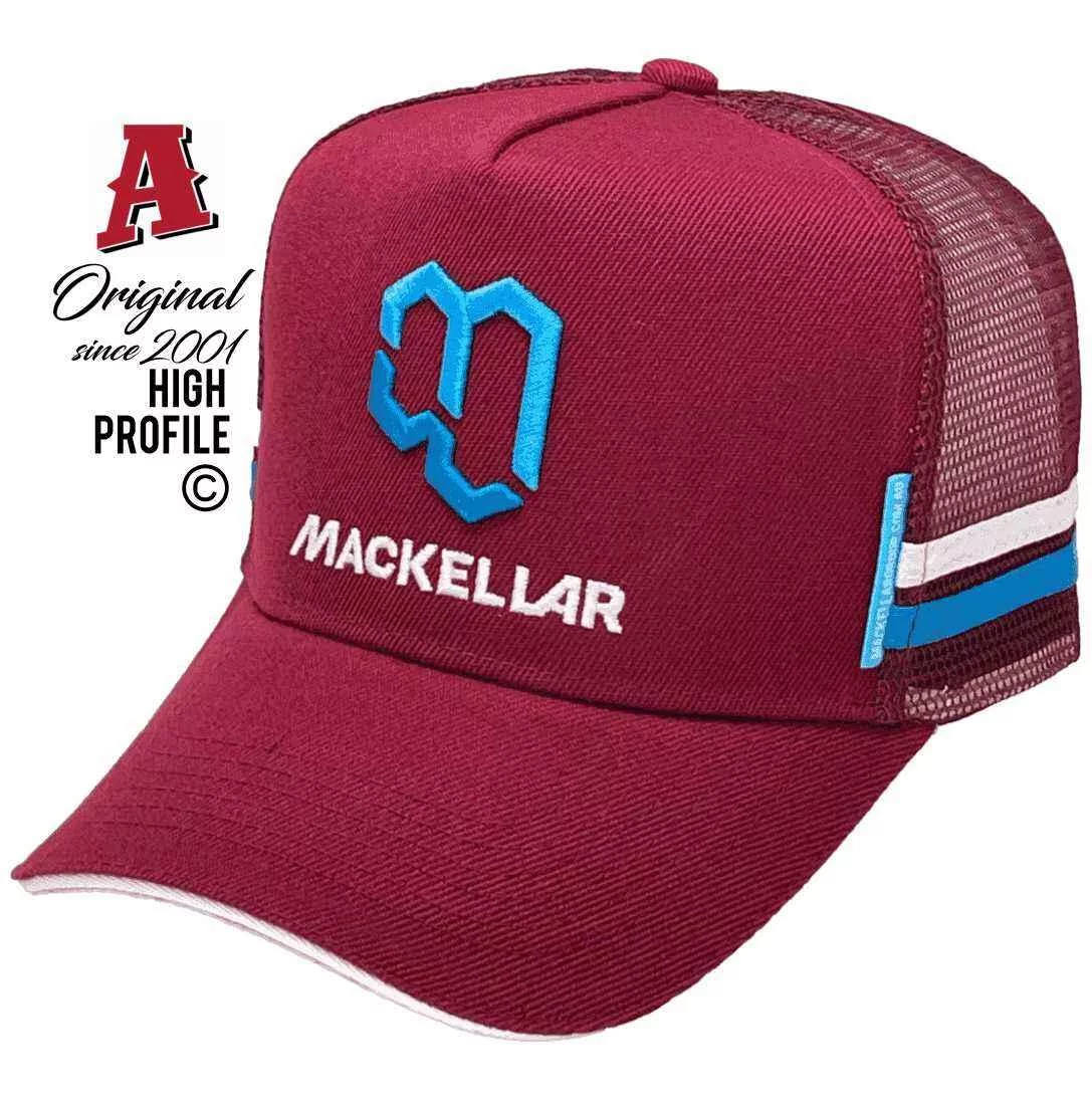 Mackellar Group Nambour Qld High Profile Power Aussie Trucker Hats with Sandwich Brim & 2 SideBands Maroon White Snapback