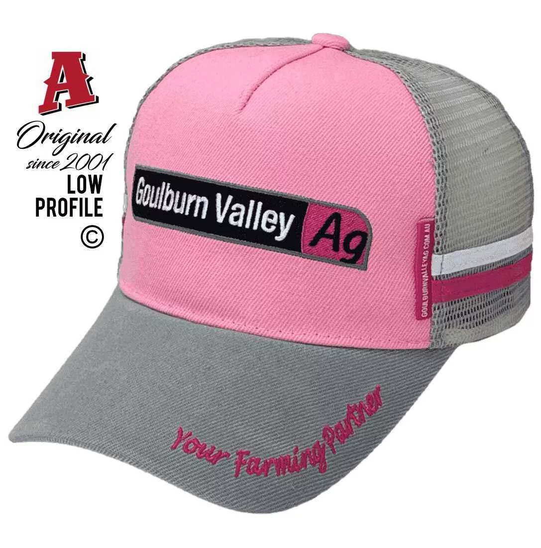 Goulburn Valley Ag Shepparton VIC Midrange Aussie Trucker Hats Low Profile 2 SideBands Pink Grey Snapback