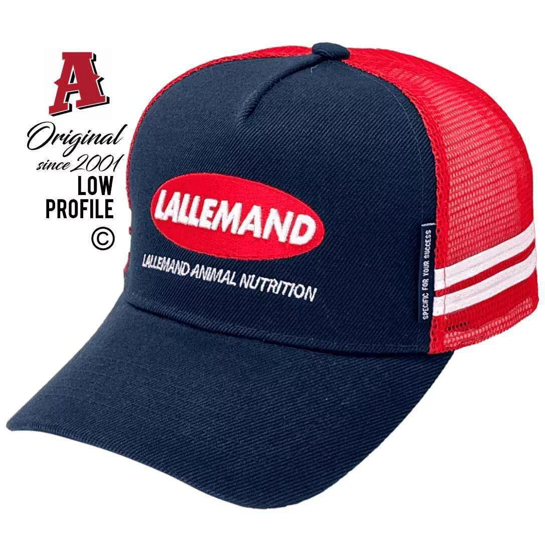 Lallemand Animal Nutrition Maroochydore QLD Basic Aussie Trucker Hats Low Profile with 2 SideBands Navy Red White Snapback