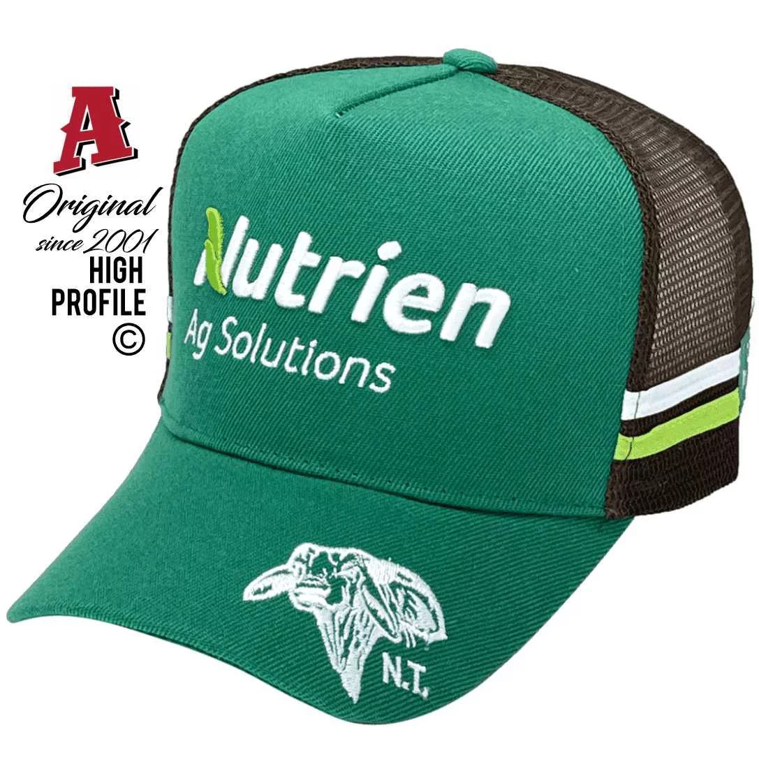 Nutrien Ag Solutions Darwin NT Midrange Aussie Trucker Hats with Australian HeadFit Crown & 2 SideBands Green Brown Snapback