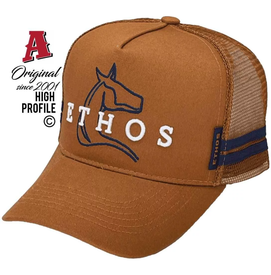 Ethos Australian Equestrian Wear Walcha NSW Aussie Trucker Hats With HeadFit Crown & 2 SideBands Rust Navy Snapback